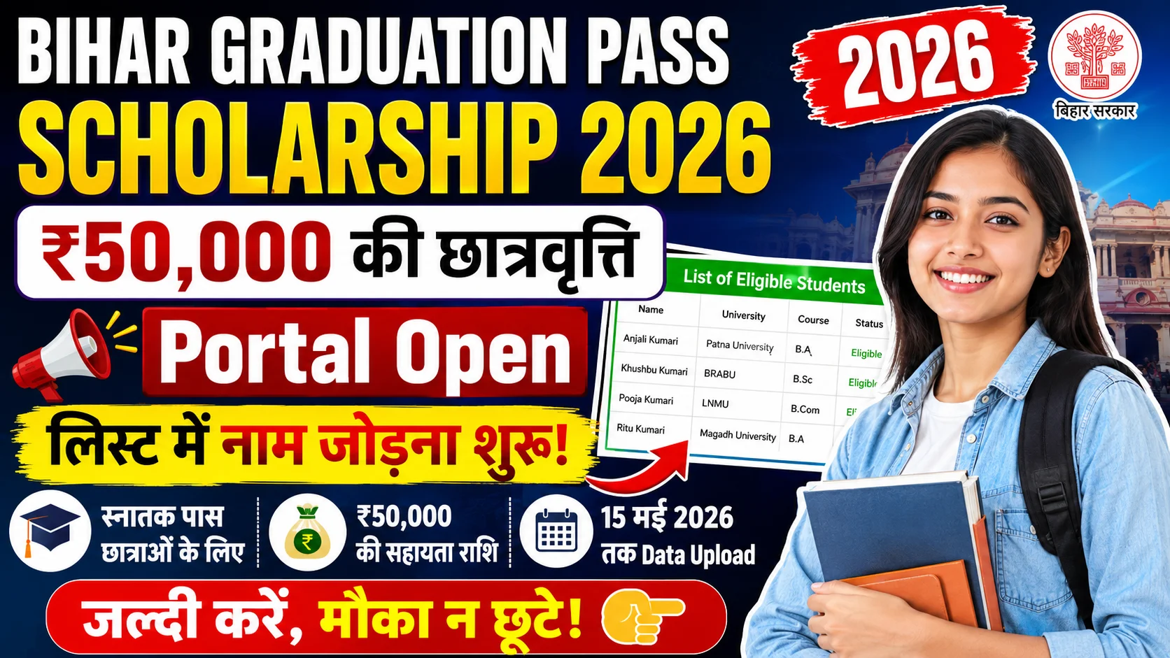 Bihar Graduation Pass Scholarship 2026 List Check